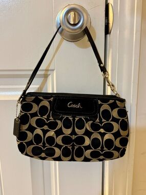 Authentic Coach Black and Tan Signature Canvas Wristlet